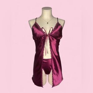 Magenta Polka Dot Front Open Babydoll Set Woman’s M
